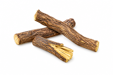 Whole licorice roots with one split pale-yellow fibrous interior.