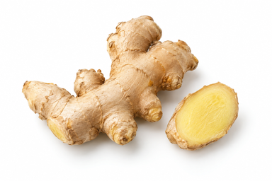 Whole ginger rhizome and a cut face showing its pale-yellow interior.