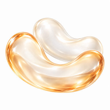 Two softly rounded abstract forms in pearlescent white and translucent warm amber.