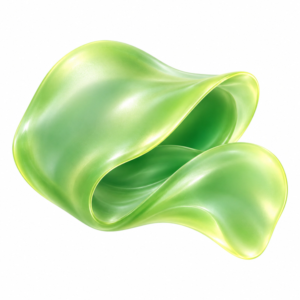 Abstract folded green form with smooth broad surfaces and luminous citrus edges.