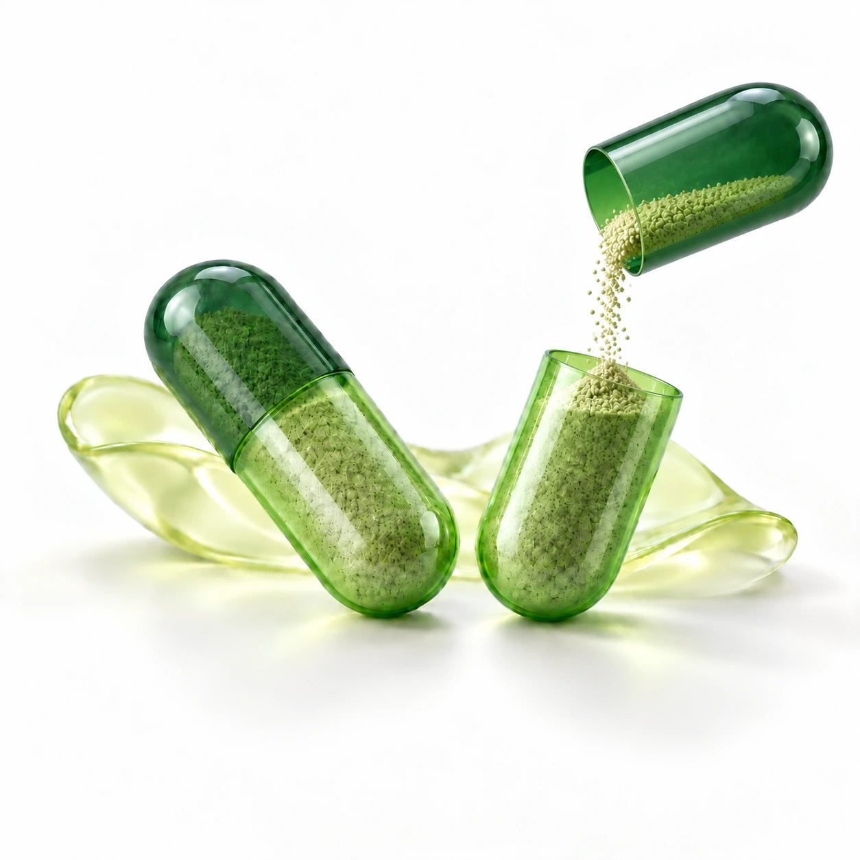 Two translucent green capsules on a citrus organic fold; the tipped upper cap of the right capsule pours powder downward into the open lower body.
