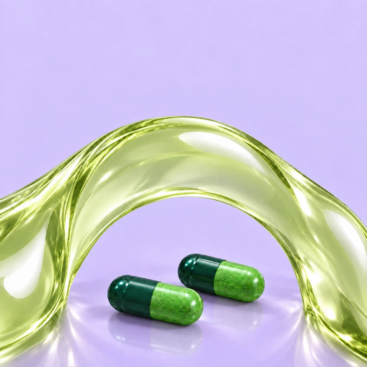 Two matching closed green capsules within a softly translucent citrus arch, on a continuous iris studio background.