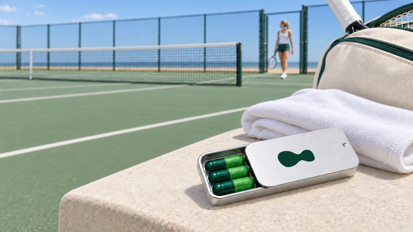 An open Sprigos travel tin with green capsules beside a towel and tennis bag, with a sunlit tennis court behind it.